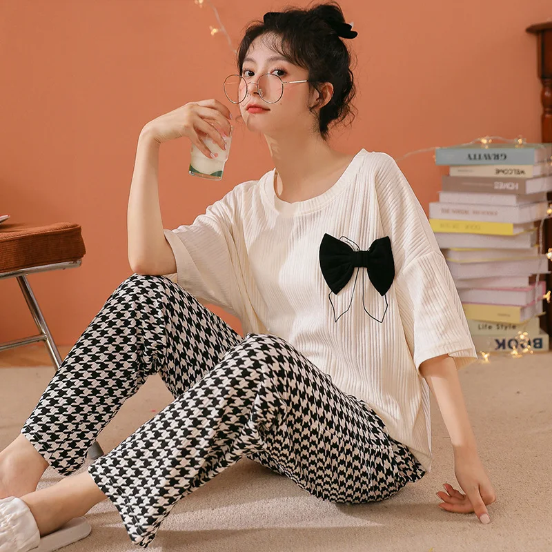 Spring and summer 2023 new pajamas women's short-sleeved trousers suit pullover round neck home clothes cotton