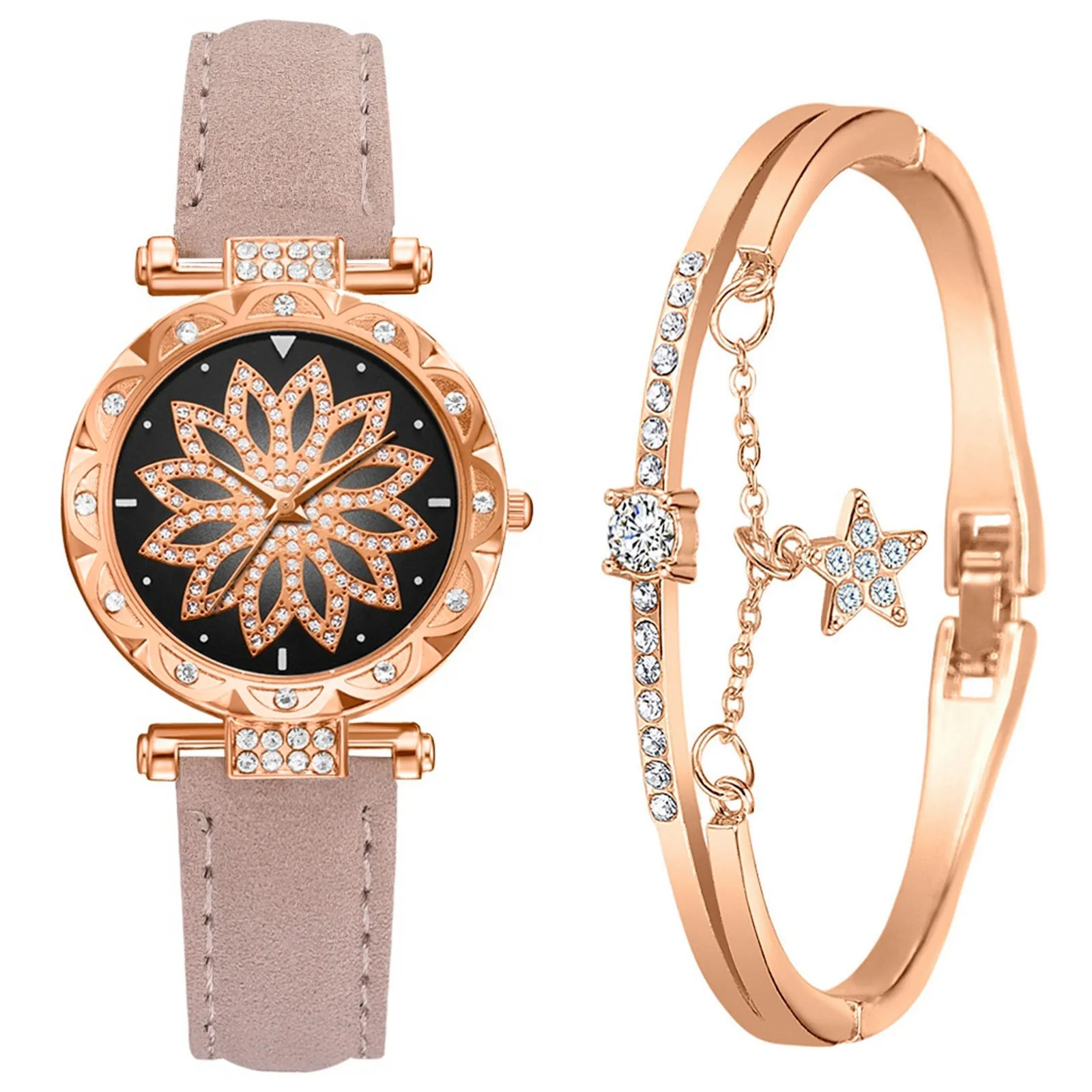 

Wristwatches Wristwatch Womens Star Strap Watch Dial Bracelet Ladies SetGift Leaf Quartz Women's Wristwatches Wristwatch Womens