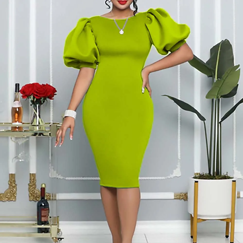 

2022 New Women Prom Dress Solid Color Round Neck Puff Short Sleeve Slim Casual Lady Dress Summer Western Style High Waist Dress