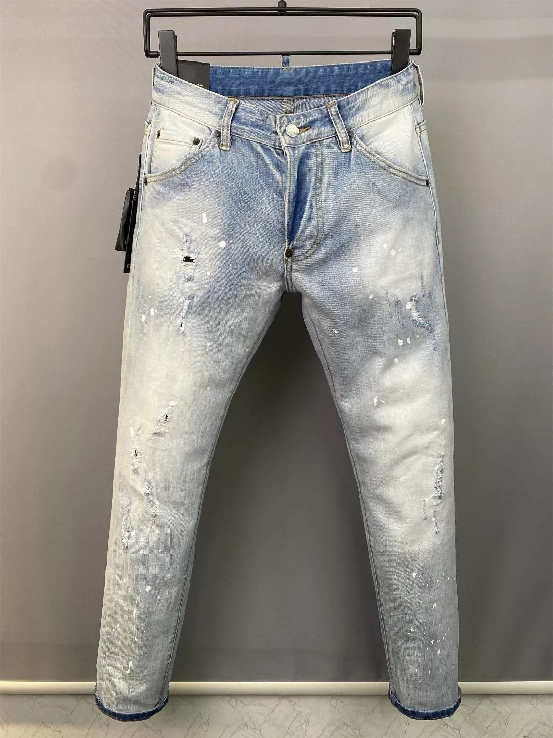 

Men's Light Color Hole Ripped Ink Jet Do Old Scratched Fashion Pencil Pants Jeans Denim Italy Jeans 9876#