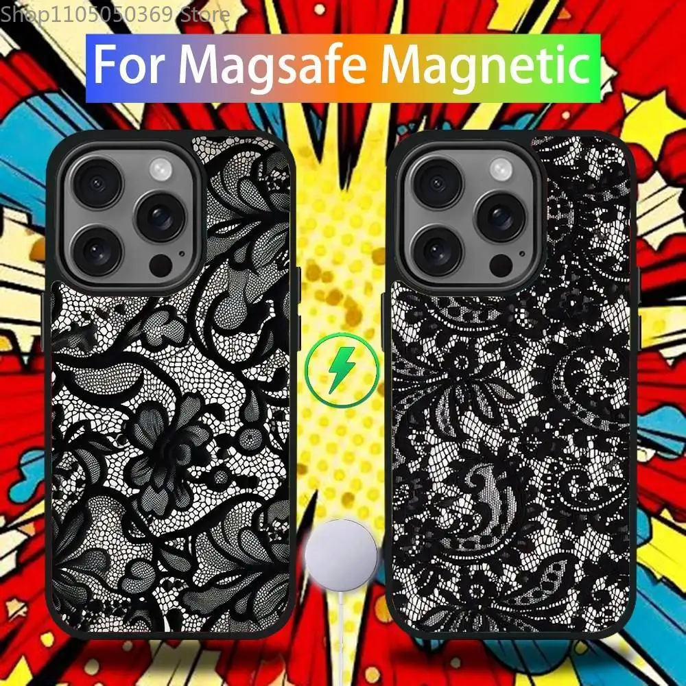Фото Чехол для телефона с кружевным принтом для iPhone 17,16,15,14,13,12,11,Pro,Max,Plus,Mini,SE4,E с магнитной беспроводной зарядкой Magsafe №1