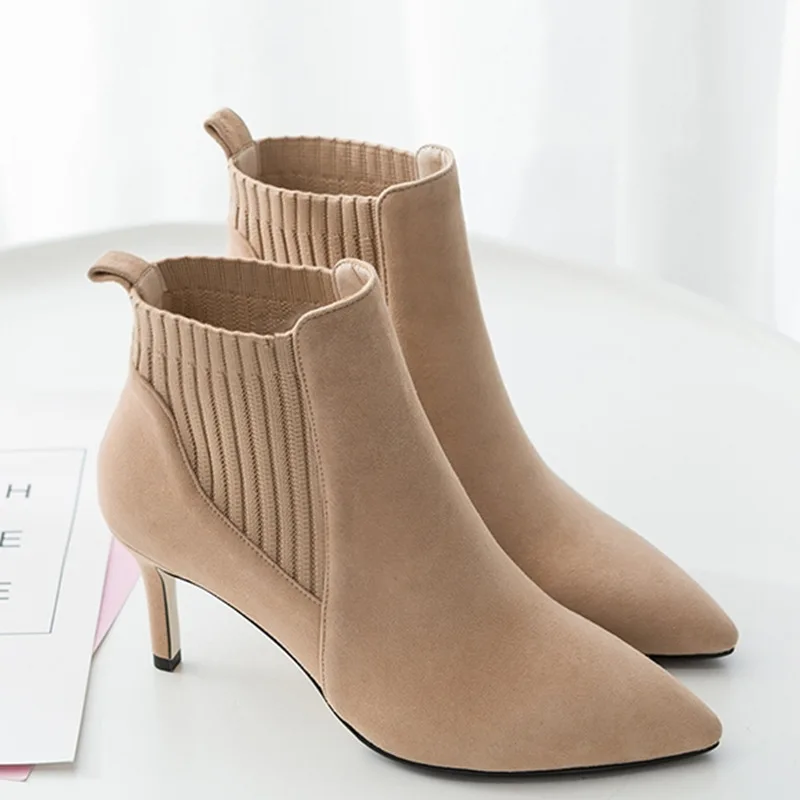 

Women Boots Ankle Short Boots Flock Pointed Toe 7CM Thin Heels Winter Booties Woman Wool Elastic Slip On Women Martin Boots