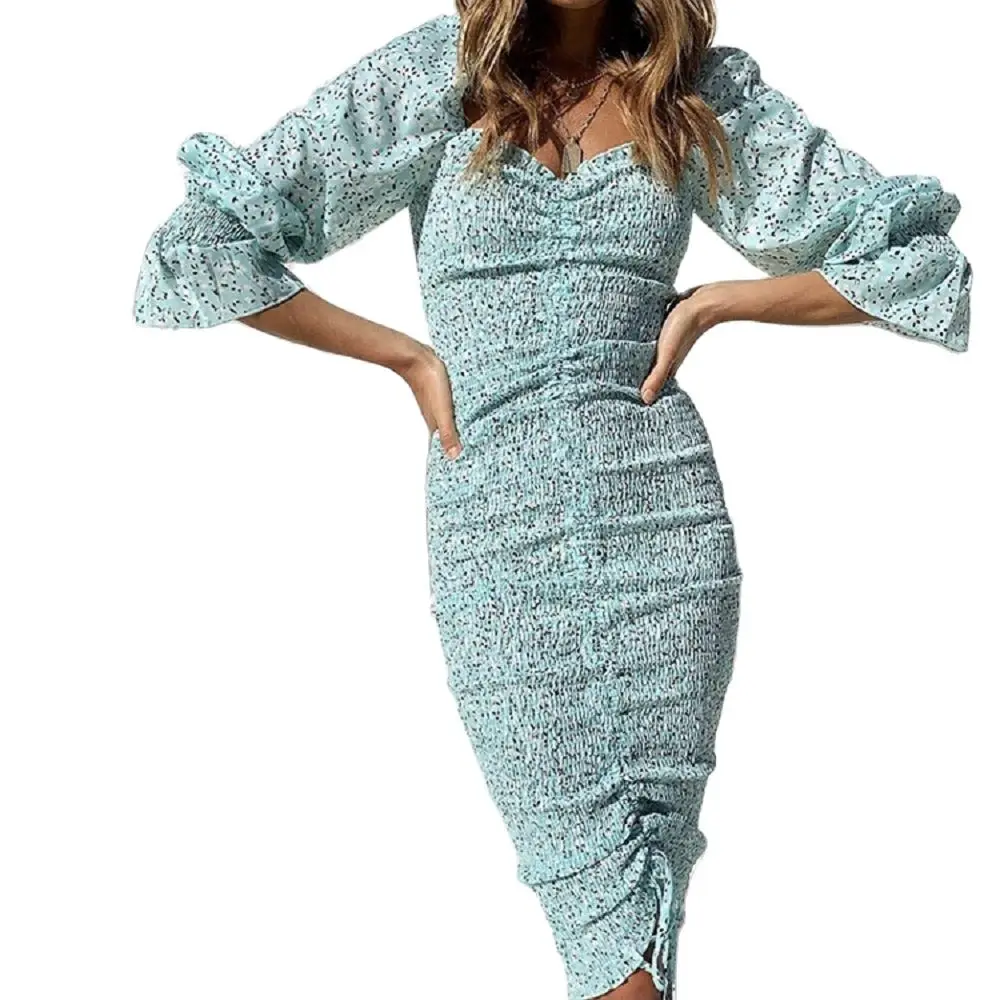 

2022 New Ladies Fashion Sexy Temperament Floral Square Neck Floral Pleated Lace-Up Halter Dress