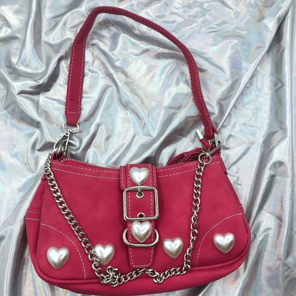 

Lolita Y2K Cool Girls Underarm Bag Vintage Harajuku Female Chain Pouch Crossbody Bags Rose Red Women Heart Goth Shoulder Bag