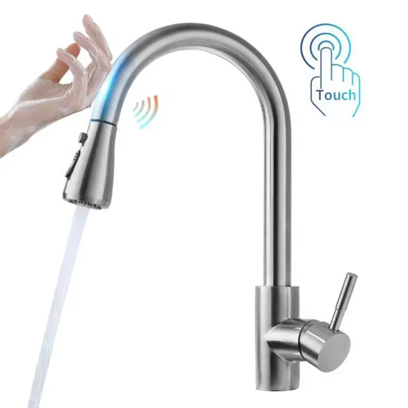 

Touch On Kitchen Faucets With Pull Down Sprayer,Intelligent Kitchen Sink Faucet With Three Modes,Stainless Steel Faucet