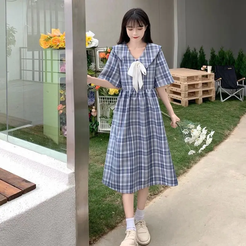 Женское клетчатое платье с круглым вырезом свободное Повседневное в стиле