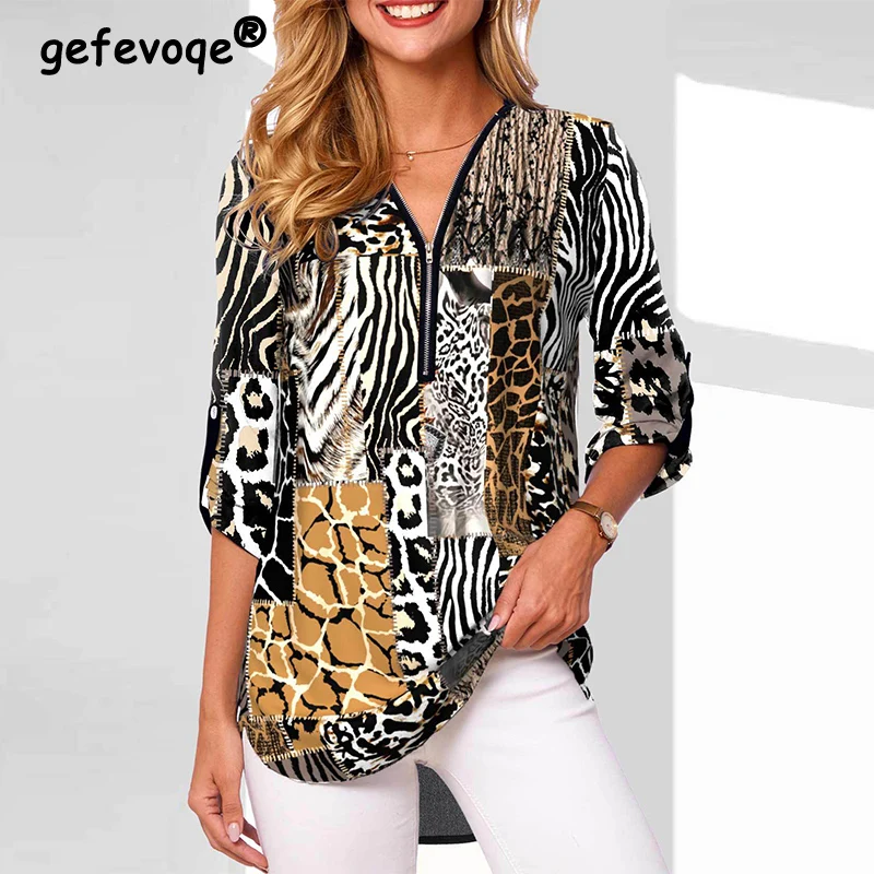 

Spring Summer Zipper V-neck Casual Fashion Printing Oversized Shirt Female Loose All-match Pullover Tops Women Streetwear Blouse