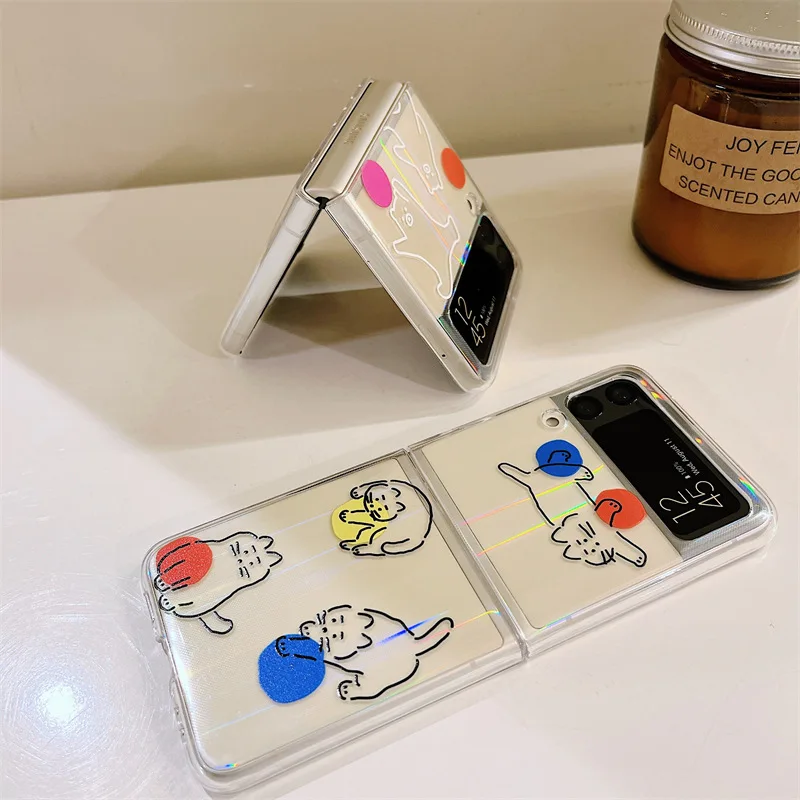 

Cute Cartoon Bear Cat Colorful Dots Phone Case for Samsung Galaxy Z Flip 3 5G PC Back Cover for ZFlip3 Protective Hard Case