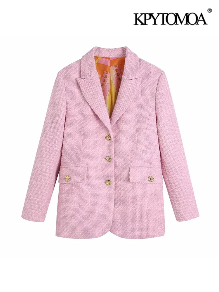 

KPYTOMOA Women Fashion Front Buttons Tweed Fitted Blazer Coat Vintage Long Sleeve Flap Pockets Female Outerwear Chic Veste Femme