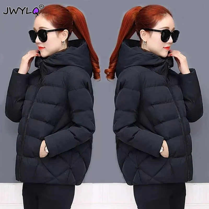 

Autumn Winter Basic Hooded Short Coat Women Solid Color Zipper Pocket Thick Warm Cotton-padded Jackets Simple Classic Outerwear