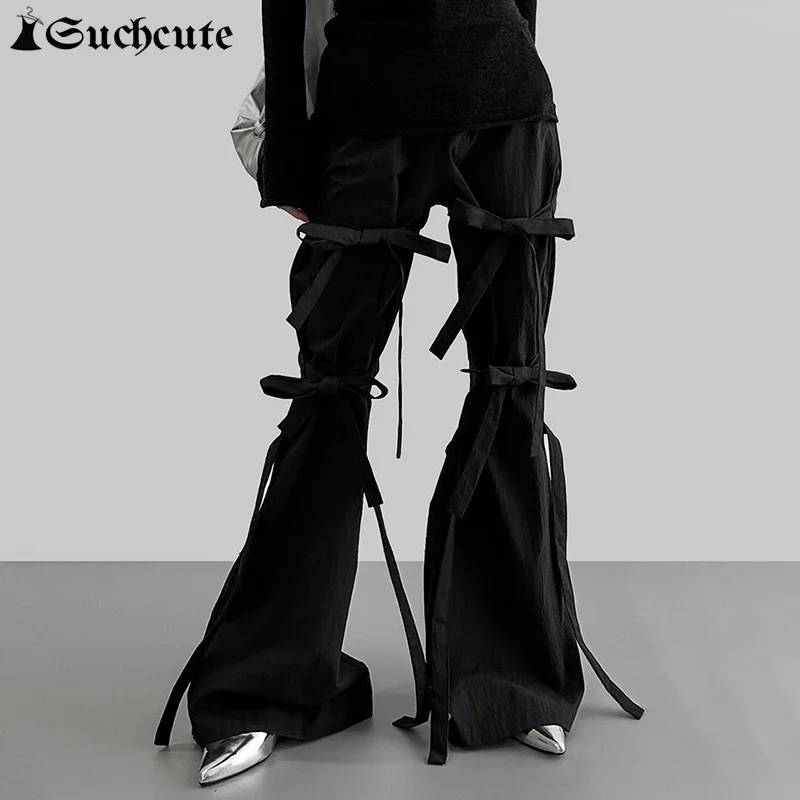 

SUCHCUTE Multi Lace Up Gothic Streetwear Black Baggy Cargo Pants Women Low Rise Flare Pants Casual Wide Trousers Oversize Slacks