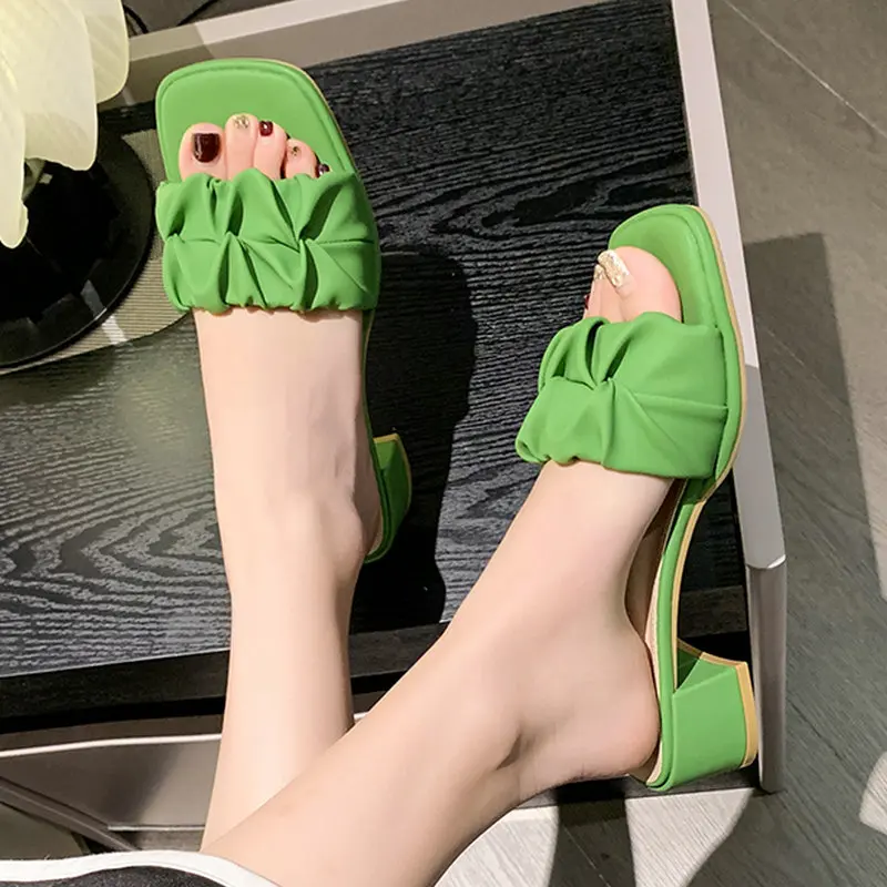 2023 Female Shoes Slippers Outdoor Luxury Slides Heeled Square Toed Fashion Designer Solid Color Simple Slippers Zapatillas De