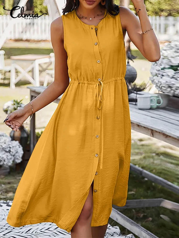 

Платье Celmia женское на шнуровке, модный короткий Повседневный однобортный сарафан без рукавов, с круглым вырезом, лето 2022