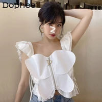 ruffled three dimensional bow suspenders shirt for women double sided lace up shirt short top white blusas femme 2022