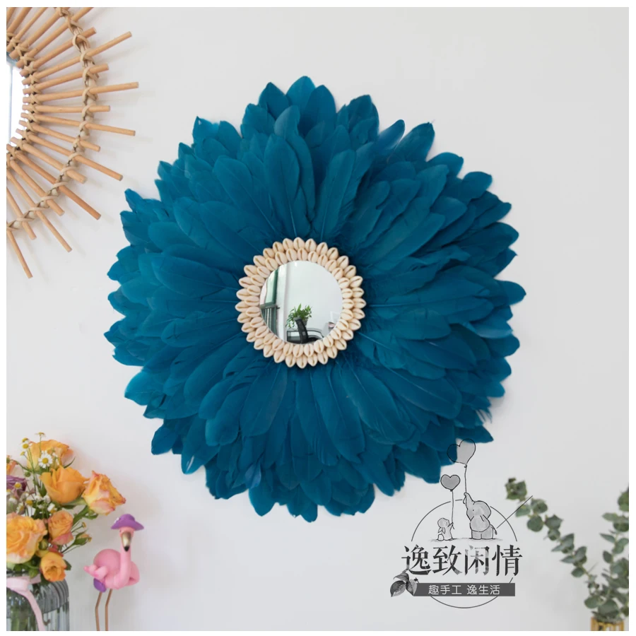 

Ins Nordic Style Feather Wall Decoration Flower Plate Conch Ornament Handmade Creative Home Room Feather Decorative Mirror
