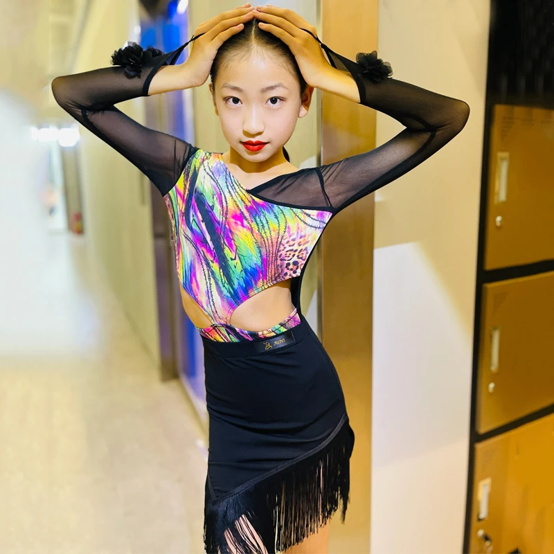

Girls Professional Latin Dancing Dress Mesh Sleeved Latin Top Tassels Skirt Kids Salsa Dance Wear Latin Stage Clothes SL8959