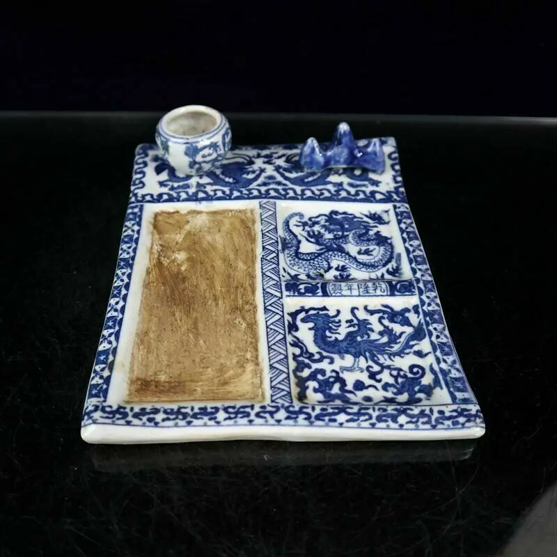 

Old Chinese Blue and white porcelain Dragon phoenix pattern Inkstone statue