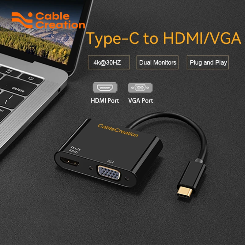 Фото CableCreation Адаптер USB Type C на HDMI VGA Thunderbolt 3 Конвертер видео 4K два монитора совместимо IPhone MacBook Pro ноутбук смартфон проектор быстрая зарядка PD расширение экрана офис путешествия №1