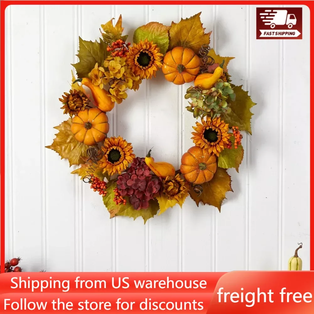 

Decoration Halloween Decor Free Shipping Plastic Hydrangea Artificial Fall Wreath With Pumpkins and Sunflower 22 Inch Confetti