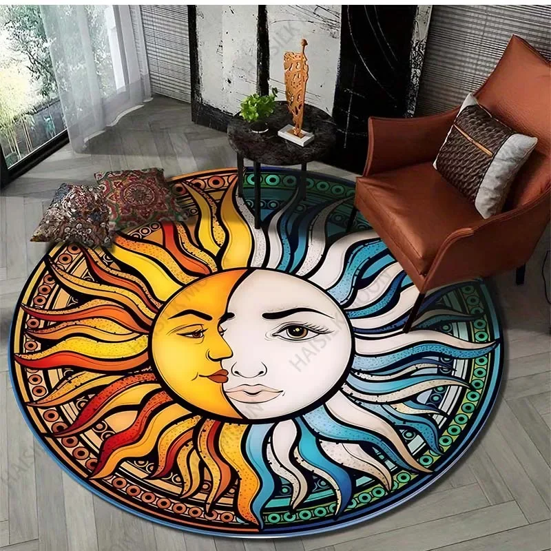 Круглый ковер с художественным принтом Солнца и Луны для гостиной фланелевой