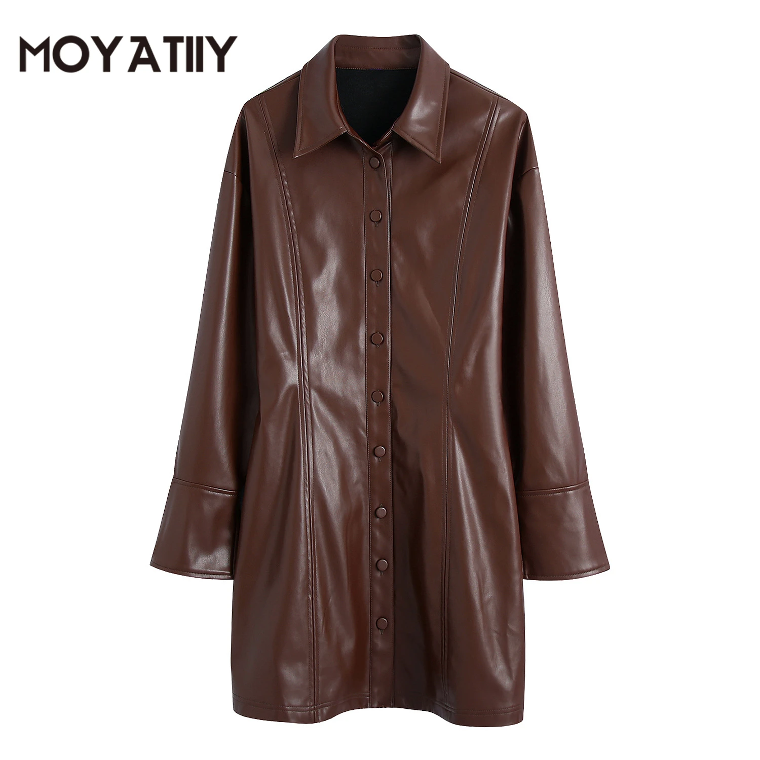 

MOYATIIY Women Spring Autumn Dress Fashion Leather Cool Girl Highstreet Style Midi Dresses Long Sleeve Brown Feamel Vestidos
