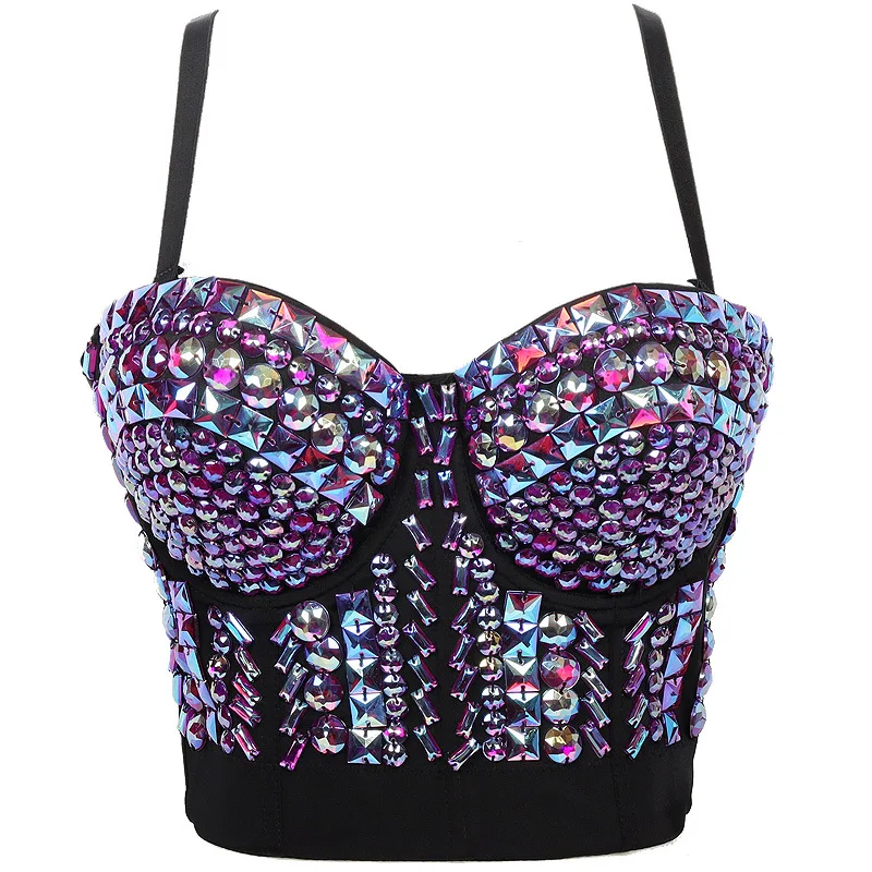 

Easy Paired Bright Acrylic Sequin Stitched Bustiers Corsets Sexy Short Nail Bead Crop To Stage Performance Bodice Push Up Bra
