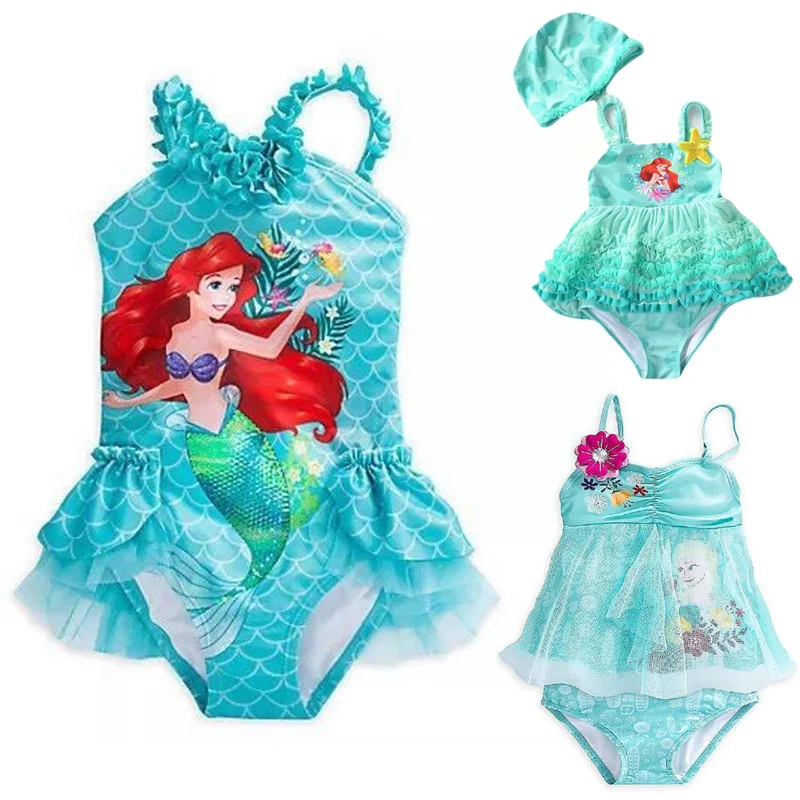 Disney Summer Cartoon Little Mermaid Girl Swimsuit Fancy Tulle Bodysuit for Kids Elsa Ariel Children Jumpsuit Swimwear + Cap Set