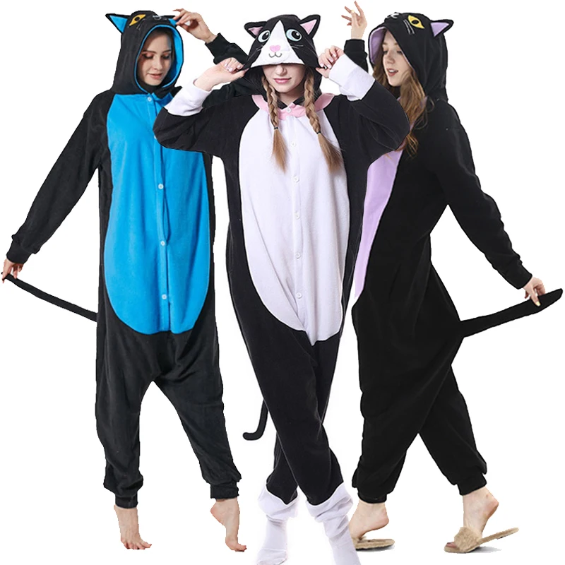 Kigurumi Onepiece Pajamas Adult Animal Cat Cosplay Onesie Women Men Couple Winter Pajamas Suit Anime Sleepwear Flannel Homewear