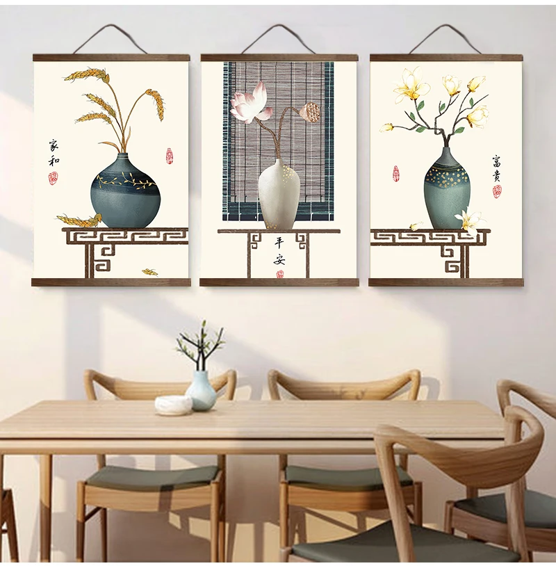 Chinese style green plants canvas decorative painting Store bedroom living room wall art solid wood scroll customizable |