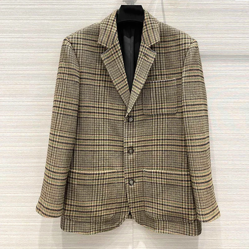 

Женский шерстяной Блейзер в клетку, подиумный однобортный пиджак в винтажном английском стиле с лацканами, дизайнерская одежда, куртка, осе...