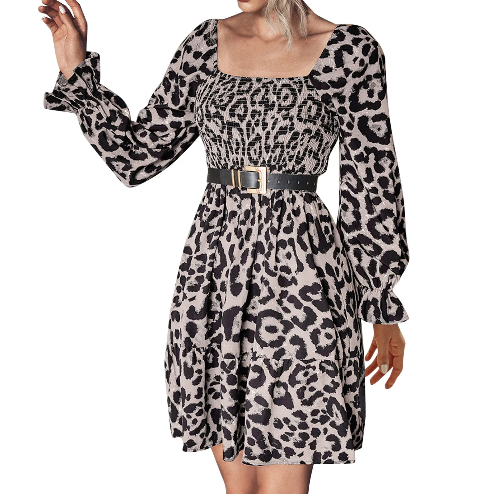 

Autumn Square Collar Dress Women Fashion Leopard Print Midi Dress Long Sleeve Front Flowy A Line High Waist Party Dresses