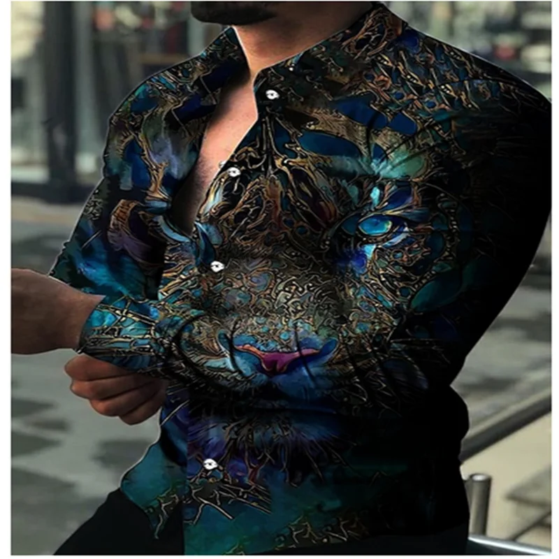 2023 Men Shirts Turn-down  Print Long Sleeve Shirt Casual Lattice Tops Mens Gothic Clothes Prom Party Cardigan