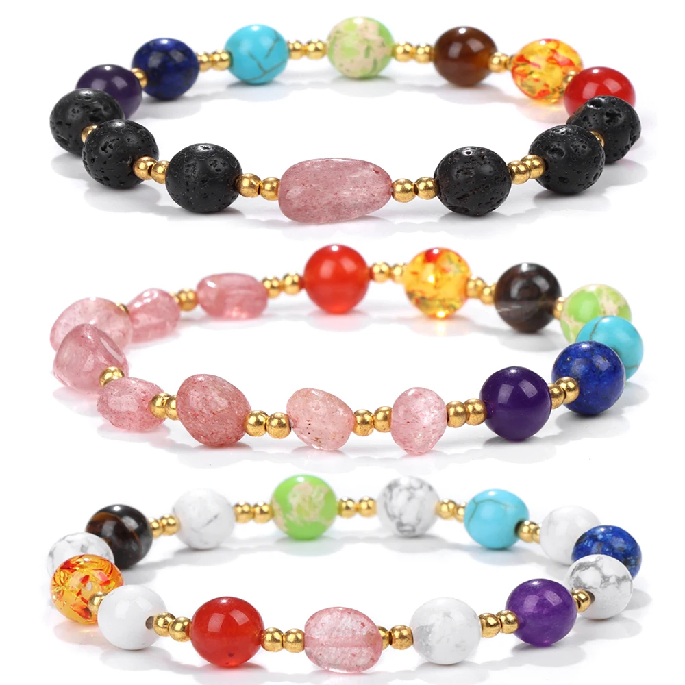 

7 Chakra Bracelet Natural Colorful Crystal Beads Bracelets For Women Men Lava Strawberry Quartzs Bangles Friendship Yoga Jewelry