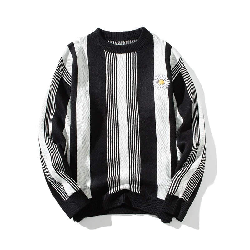 

Daisy Knit Sweaters Women Harajuku Knitted Stripes Pullover Flower Embroidery O-Neck Long Sleeve Y2k Sweater Warm Jumper Tops