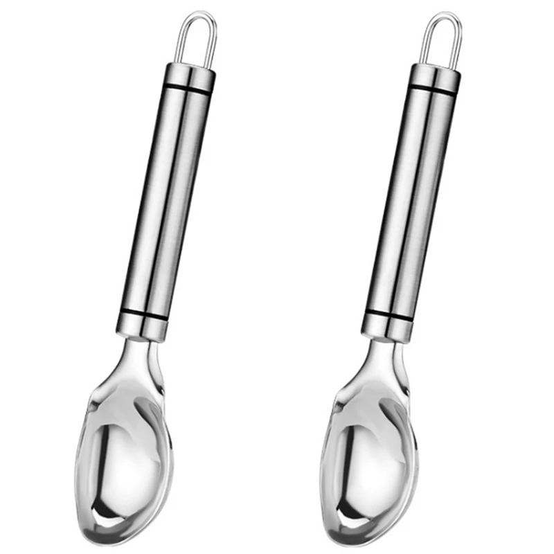 

Hot-2PCS Stainless Steel Ice Cream Scoop Digging Ball Spoon Dessert Spoon Scooper With Round Handle Kitchen Creative Tool