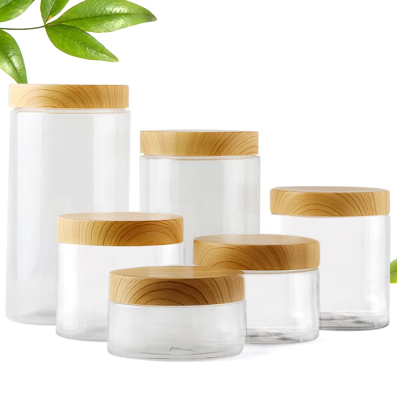 

100ml 200ml 300ml 500ml Empty Clear Pet Jars Containers With Imitation Wood Texture Lids Jar Home Plastic Seasoning Bottle