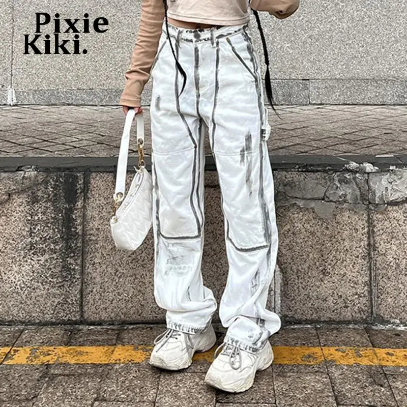 

PixieKiki окрашенные белые прямые джинсы Y2k уличные брюки женские трендовые изделия 2023 модные джинсовые брюки