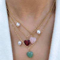 stillgirl 3pcs vintage natural stone gold color chain heart pendant necklace for women pearl jewelry encanto collares para mujer