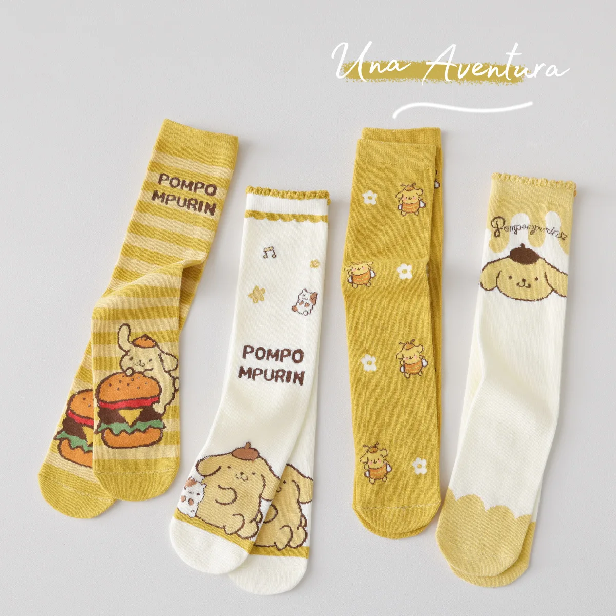 Фото 4 пары носков до середины икры Sanrio для девочек с помпонами Purin, носки выше колена, детские носки до середины икры с героями мультфильмов на весну и осень, подарок №3