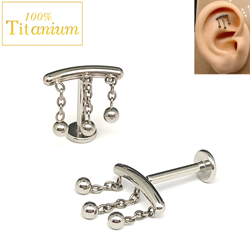 

New ASTM F136 Titanium Piercing Ear Studs Curved Tassel Ball Earrings Helix Cartilage Tragus Lobe Labret Perforated Earbone Nail