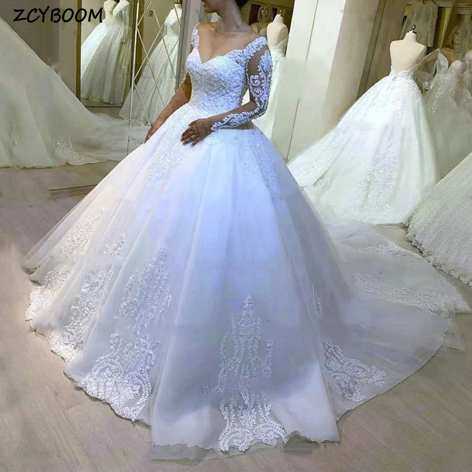 

Luxury White Sequin V-Neck Appliques Off The Shoulder Wedding Dress 2023 Backless Ball Gown Sweep Train Pretty Women Bridal Gown