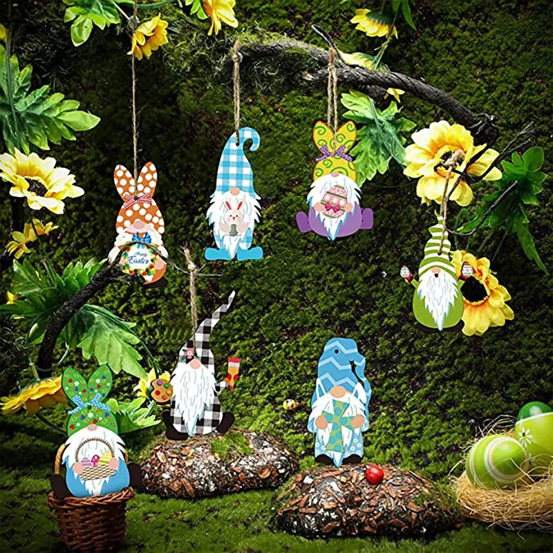 

8 Pcs Easter Wooden Gnome Hanging Ornaments Spring Wooden Slices Ornaments Elf Wooden Decoration For Easter Decorations
