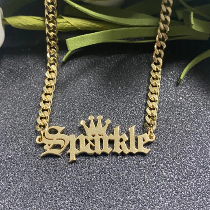 

NOKMIT Hip Hop Custom Necklace Stainless Steel Nameplate Crown Name Pendant Cuban Chain Jewelry for Boyfriend Gift