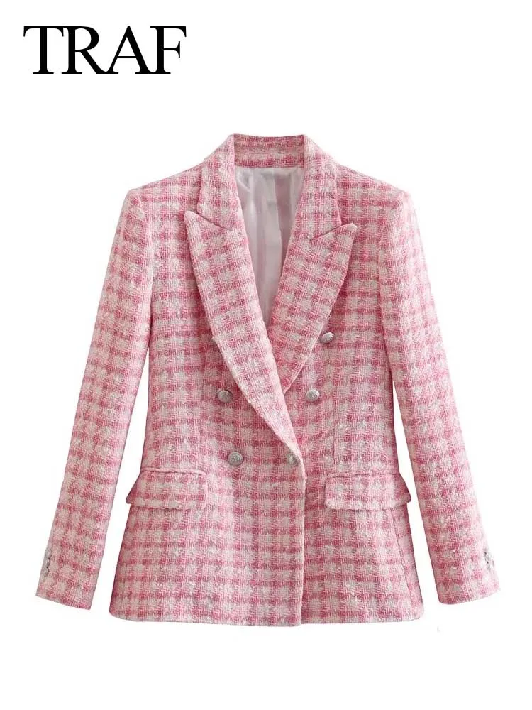 

TRAF Elegant Women's Blazer Plaid Pink White Small Fragrant Style Suit Collar Slim Fit Button Long Sleeve Jacket Pocket Coat