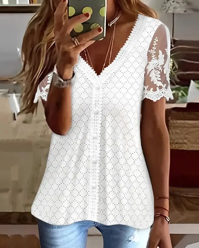 

Fashion Woman Blouse 2023 Casual V-Neck Short Sleeve Lace Patch Eyelet Embroidery Buttoned Top Women's T-Shirt Summer Versatile