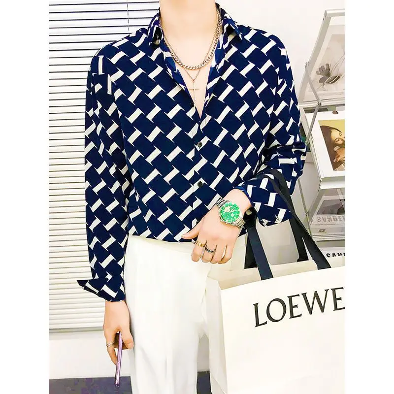 Рубашка мужская с отложным воротником модная повседневная Свободная кофта в