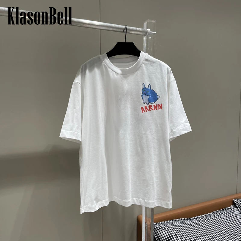 

2.6 KlasonBell Cotton Print Letter Cartoon White Casual Loose T-Shirt Women