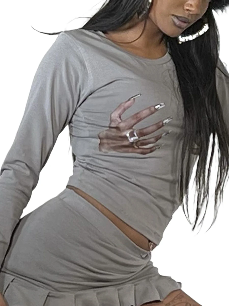 

Women s Y2K Long Sleeve T-Shirts Retro-inspired 3D Hands Print Round Neck Slim Fit and Basic Crop Tops for E-Girls