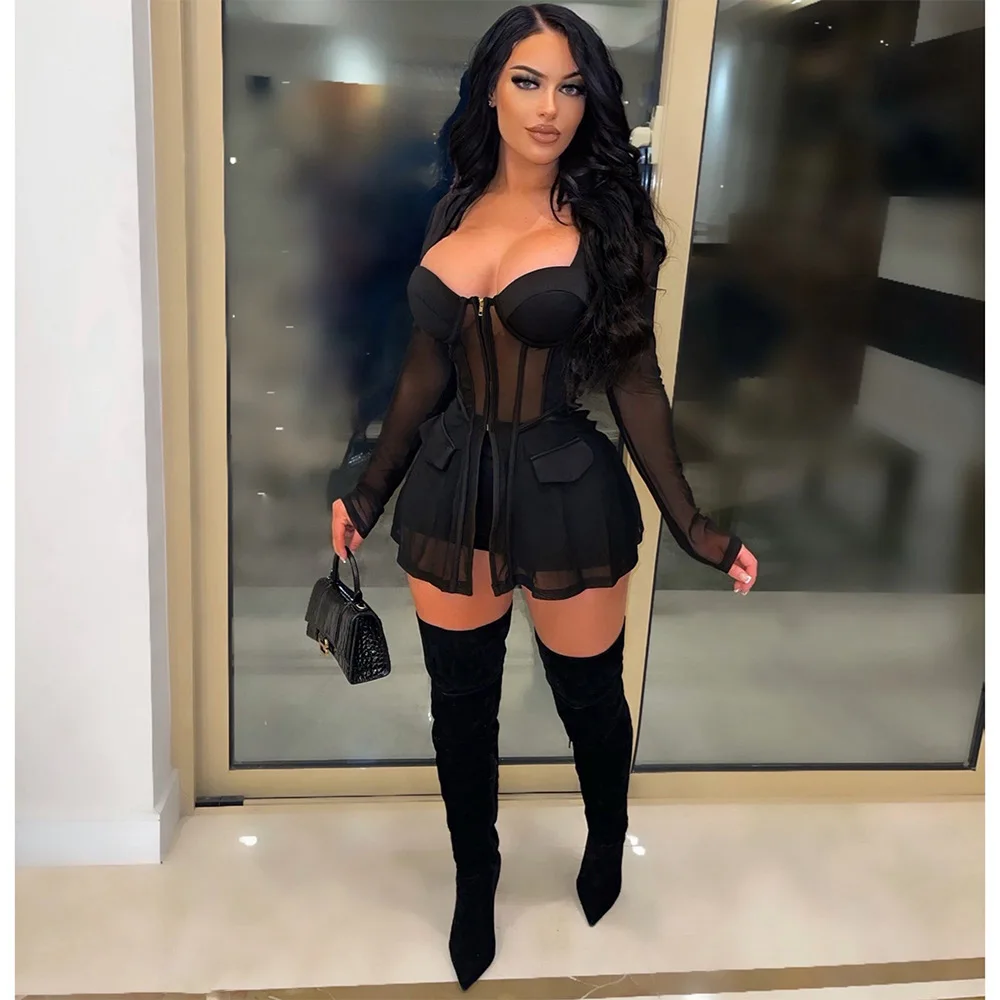 

2022 Women Two Piece Set Suit Sheer Mesh Patchwork Strapless Full Sleeve Long Coat Top + Shorts Sexy Spring Tracksuit