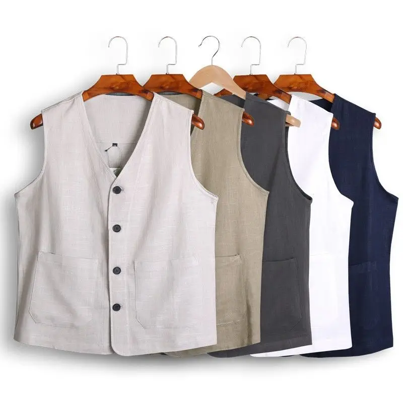 Chaleco de algodón y lino para hombre, chaqueta Formal, informal, de verano, para negocios, Victoriano